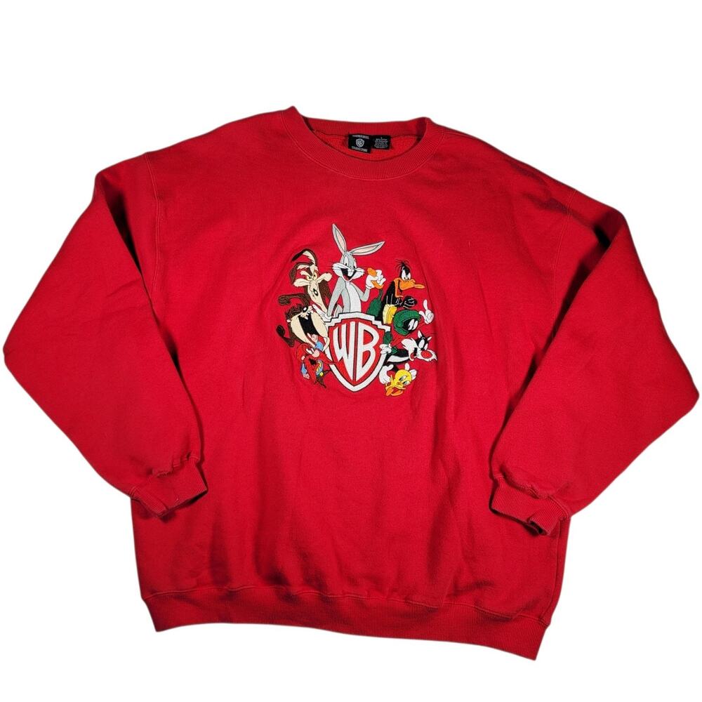 Vintage 90s Warner Bros Studio Store Looney Tunes Crewneck Sweatshirt Red Large